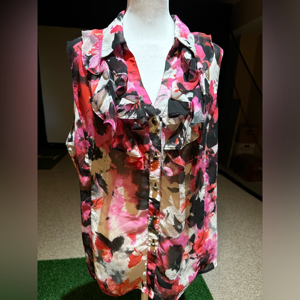 Tahari Multicolor Printed Ruffle Top Sleeveless Size XL - Picture 4 of 14